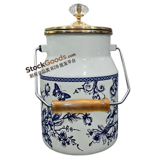 2.0L High Quality Printed Enamel Milk Can with Wooden Handle & Golden Knob, Multiple Patterns Available
